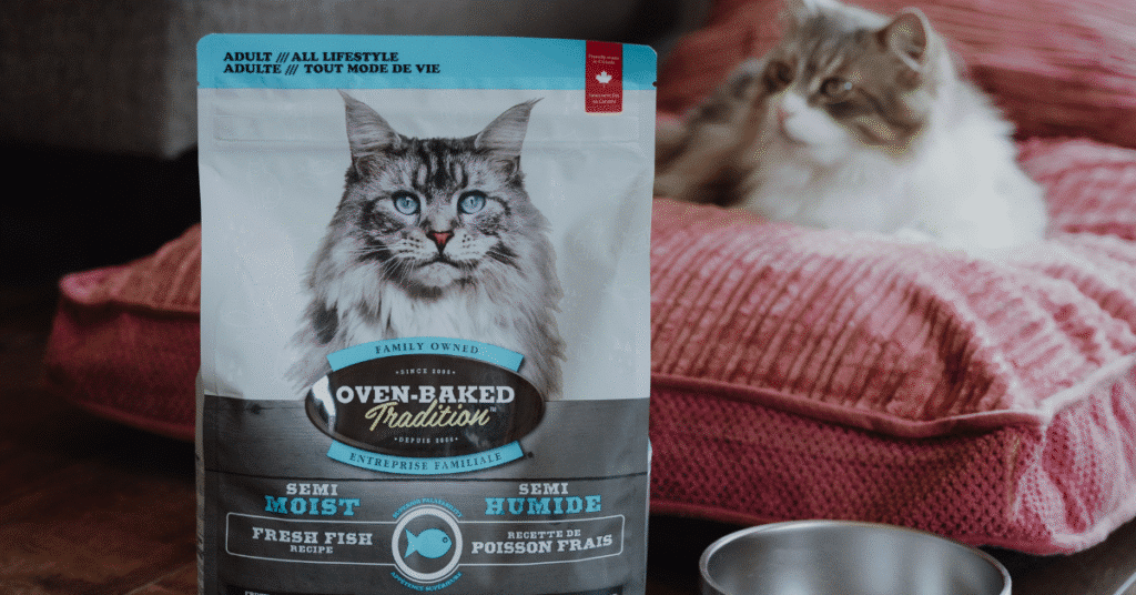 Cat with a bag of Oven-Baked Tradition fish-based semi-moist cat food, an innovative recipe for cats.